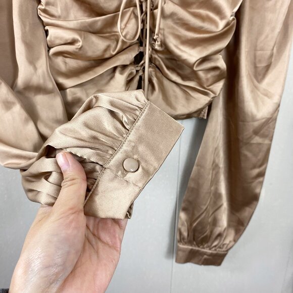 Starlow Brown Front Tie Long Sleeve Crop Top Size X-Small - Picture 4 of 9